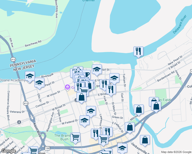 map of restaurants, bars, coffee shops, grocery stores, and more near 131 East Union Street in Burlington