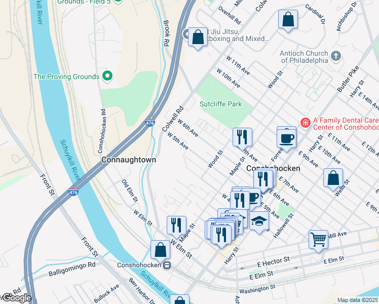 map of restaurants, bars, coffee shops, grocery stores, and more near 351 West 5th Avenue in Conshohocken