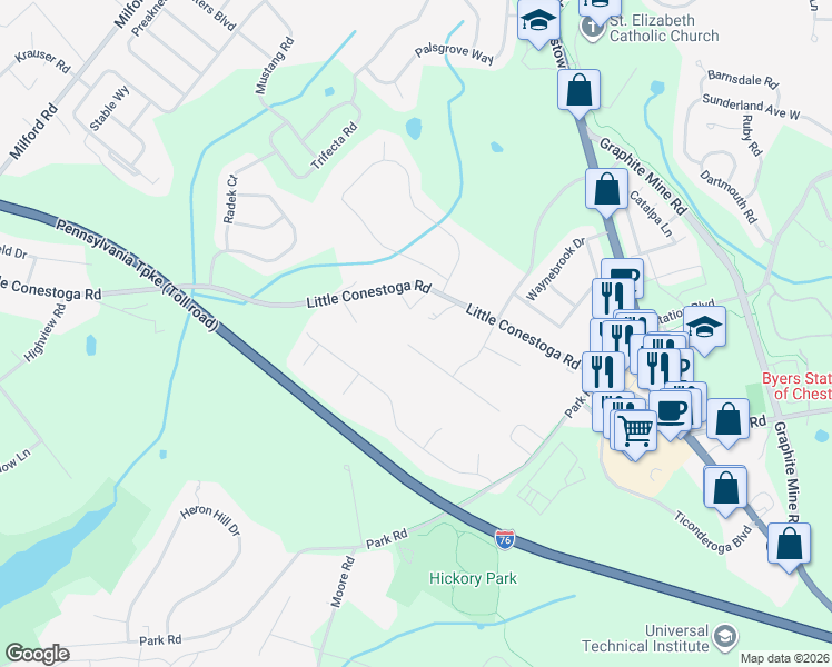 map of restaurants, bars, coffee shops, grocery stores, and more near 13 Cambridge Road in Downingtown