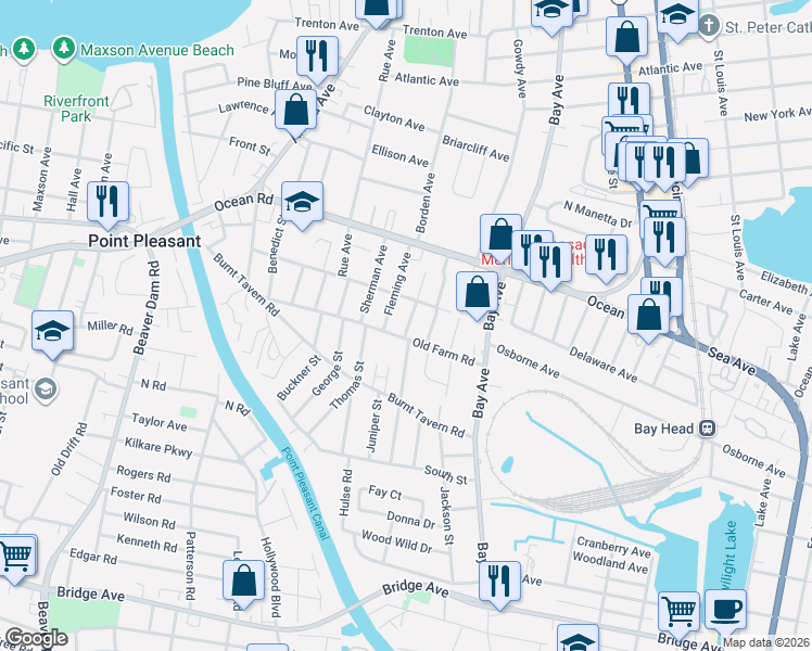 map of restaurants, bars, coffee shops, grocery stores, and more near 1235 Barbour Avenue in Point Pleasant