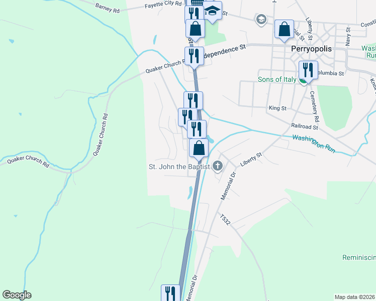 map of restaurants, bars, coffee shops, grocery stores, and more near 213 Maple Lane in Perryopolis