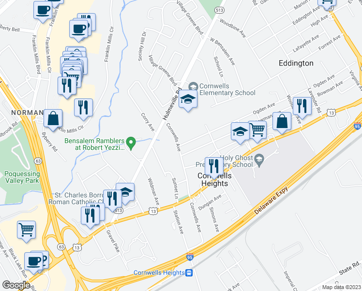 map of restaurants, bars, coffee shops, grocery stores, and more near 2205 Ogden Avenue in Bensalem
