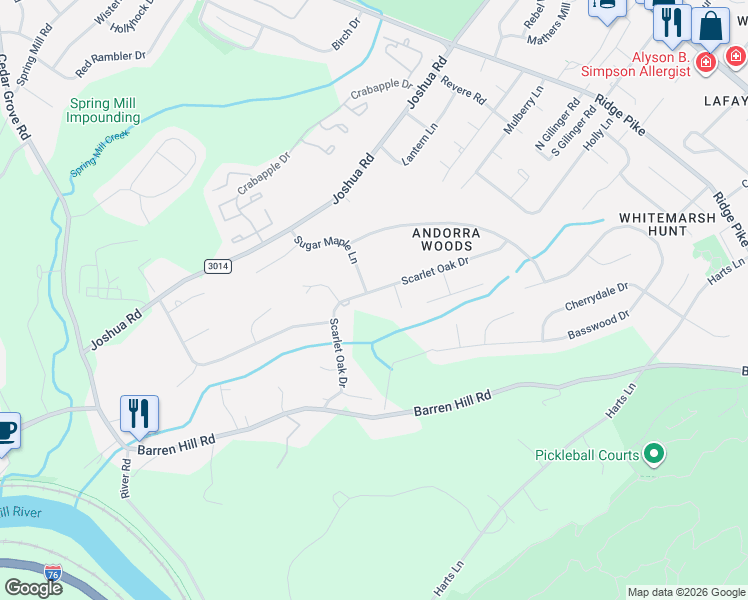map of restaurants, bars, coffee shops, grocery stores, and more near 19 Scarlet Oak Drive in Lafayette Hill