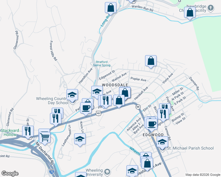 map of restaurants, bars, coffee shops, grocery stores, and more near in Wheeling