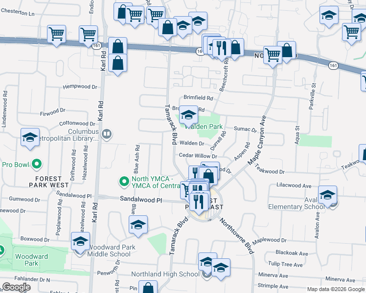 map of restaurants, bars, coffee shops, grocery stores, and more near 1852 Cedar Willow Drive in Columbus