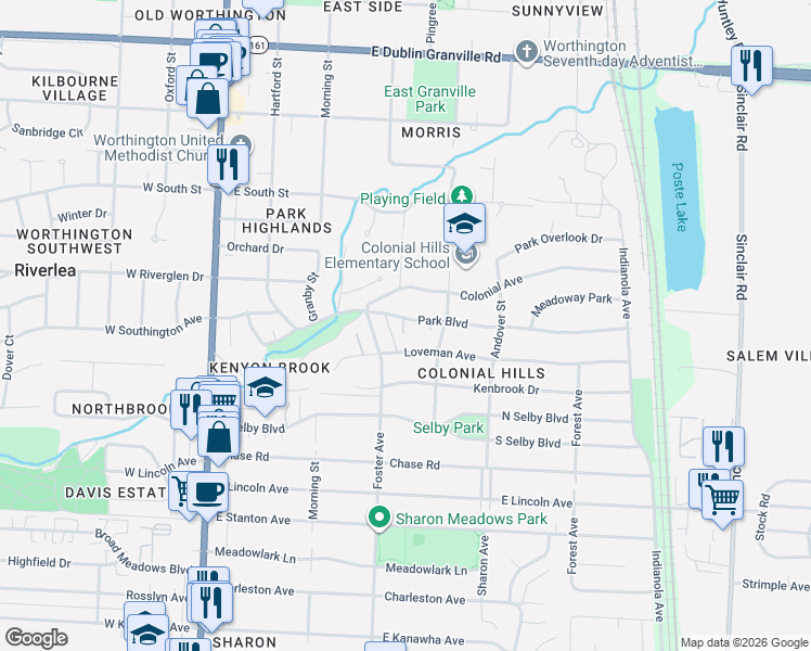 map of restaurants, bars, coffee shops, grocery stores, and more near 5696 Foster Avenue in Worthington