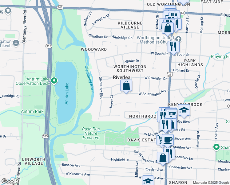 map of restaurants, bars, coffee shops, grocery stores, and more near 286 West Southington Avenue in Worthington