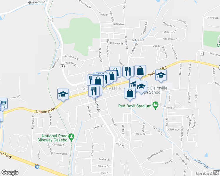 map of restaurants, bars, coffee shops, grocery stores, and more near 102 East Main Street in Saint Clairsville