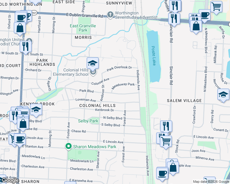 map of restaurants, bars, coffee shops, grocery stores, and more near 481 Park Boulevard in Worthington