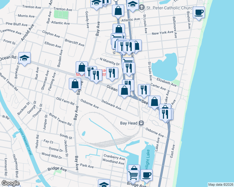 map of restaurants, bars, coffee shops, grocery stores, and more near 604 Ocean Avenue in Point Pleasant Beach