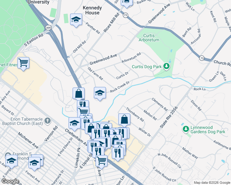 map of restaurants, bars, coffee shops, grocery stores, and more near 1120 Rock Creek Drive in Wyncote