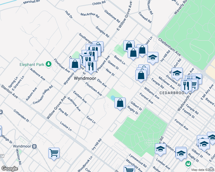 map of restaurants, bars, coffee shops, grocery stores, and more near 7703 Elm Avenue in Wyndmoor
