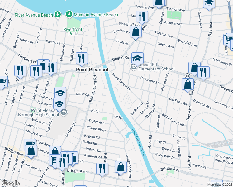 map of restaurants, bars, coffee shops, grocery stores, and more near 812 Hastings Lane in Point Pleasant