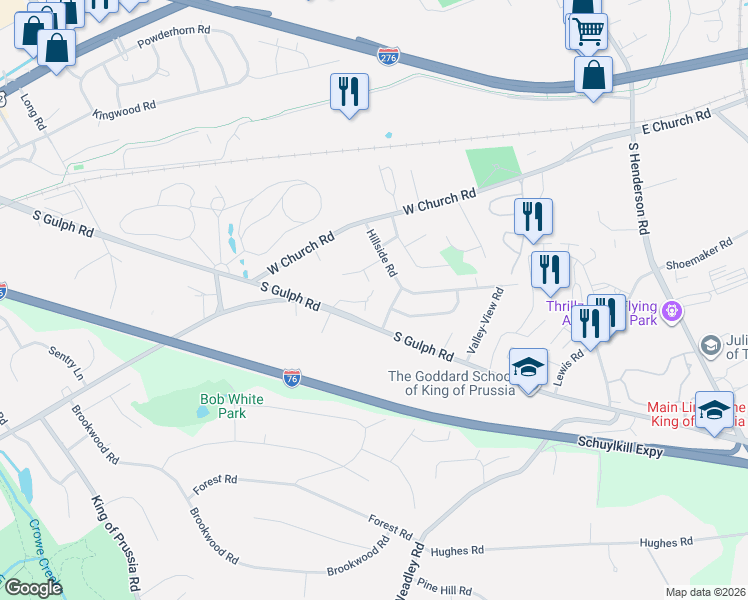 map of restaurants, bars, coffee shops, grocery stores, and more near 424 Glen Arbor Court in King of Prussia