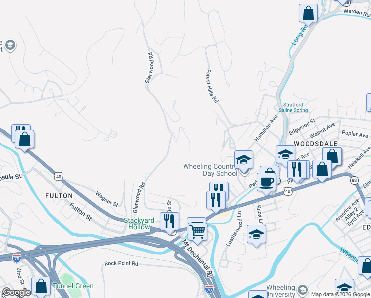 map of restaurants, bars, coffee shops, grocery stores, and more near 103-115 Glenwood Rd in Wheeling