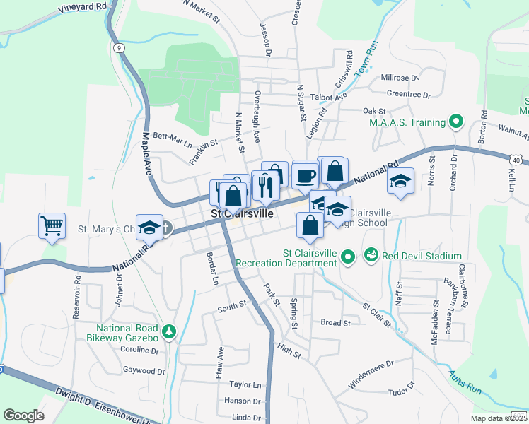 map of restaurants, bars, coffee shops, grocery stores, and more near 108 West Main Street in Saint Clairsville