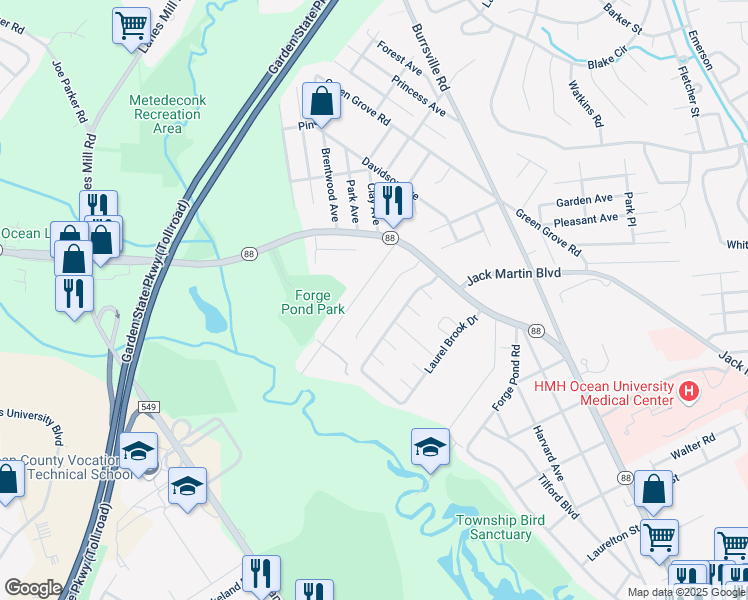 map of restaurants, bars, coffee shops, grocery stores, and more near 31 Regina Drive in Brick Township