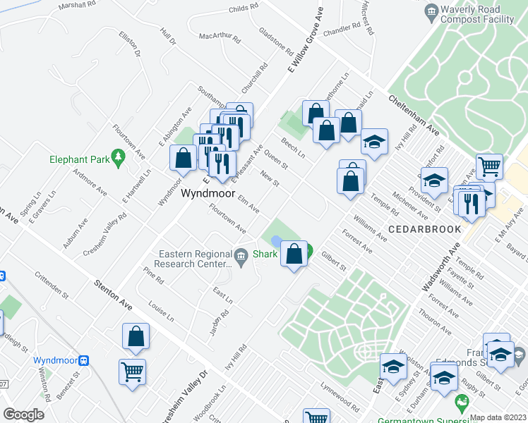map of restaurants, bars, coffee shops, grocery stores, and more near 7703 Elm Avenue in Wyndmoor