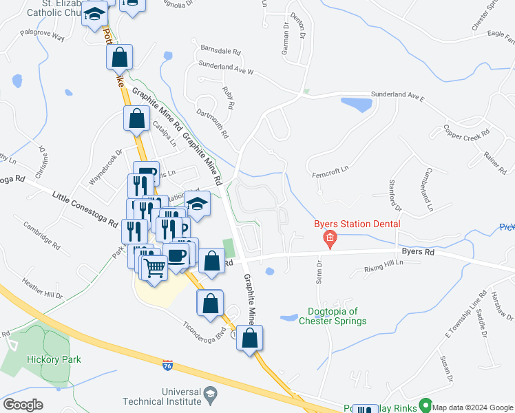 map of restaurants, bars, coffee shops, grocery stores, and more near 63 Granite Lane in Chester Springs