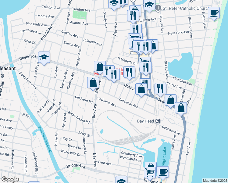 map of restaurants, bars, coffee shops, grocery stores, and more near 1218 Lister Street in Point Pleasant