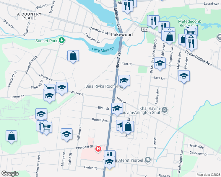 map of restaurants, bars, coffee shops, grocery stores, and more near 290 River Avenue in Lakewood