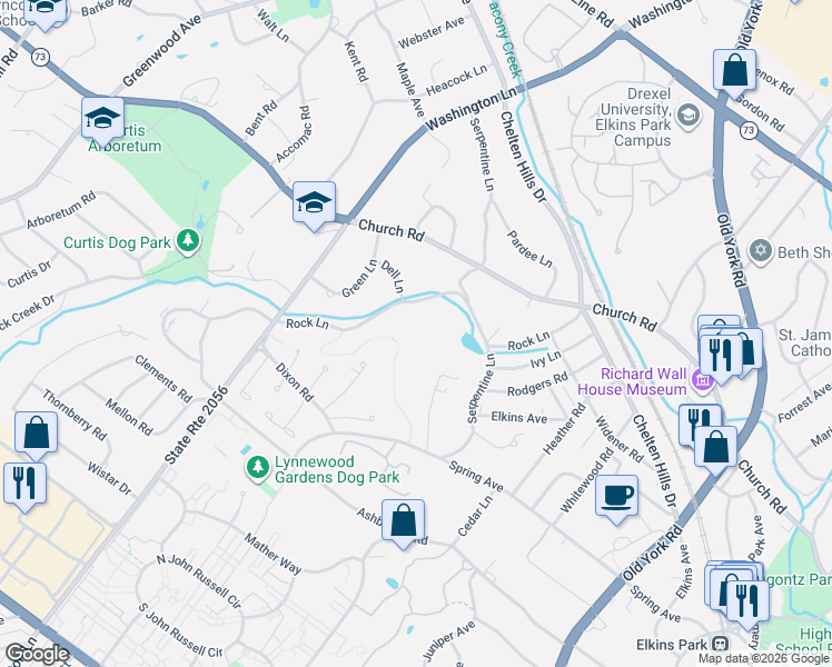 map of restaurants, bars, coffee shops, grocery stores, and more near 918 Rock Lane in Elkins Park