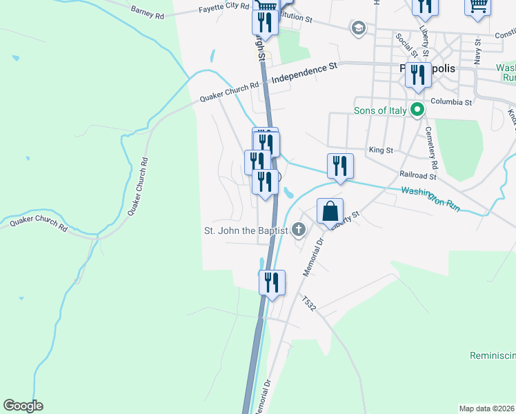 map of restaurants, bars, coffee shops, grocery stores, and more near 213 Maple Lane in Perryopolis
