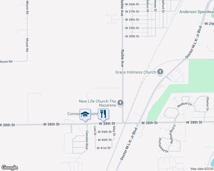 map of restaurants, bars, coffee shops, grocery stores, and more near 2619 West 34th Street in Anderson
