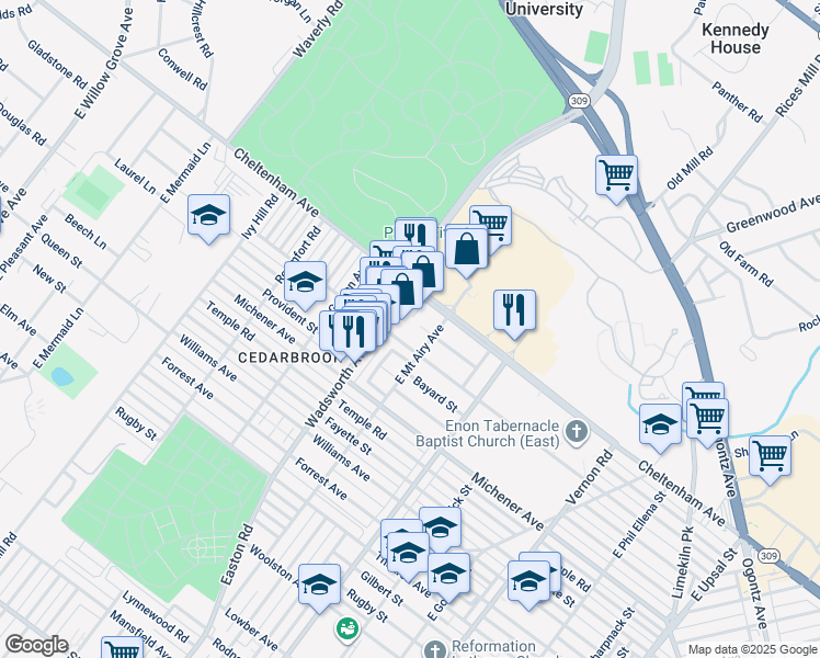 map of restaurants, bars, coffee shops, grocery stores, and more near 1601 East Mount Airy Avenue in Philadelphia