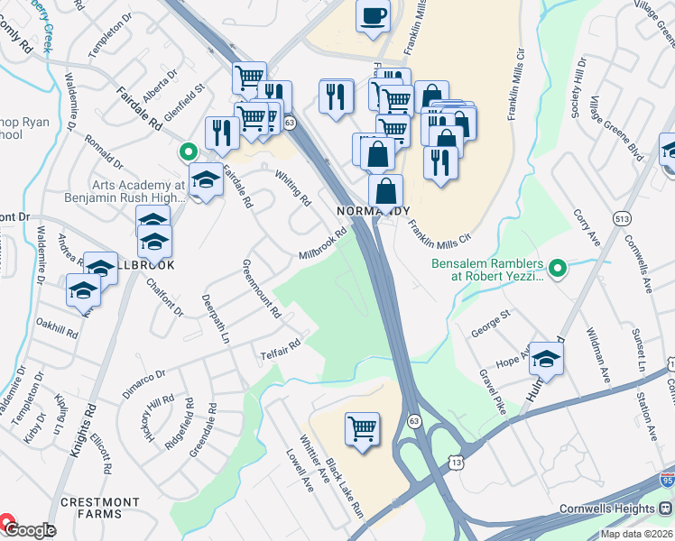 map of restaurants, bars, coffee shops, grocery stores, and more near 4350 Woodhaven Road in Philadelphia