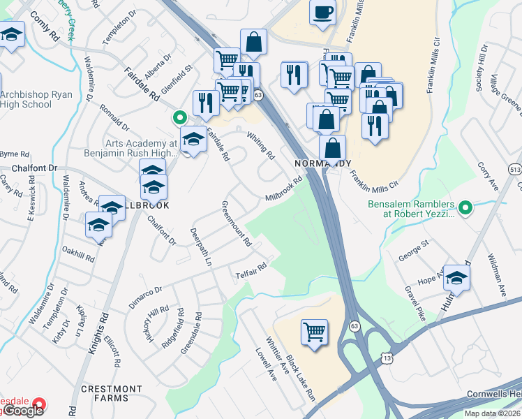map of restaurants, bars, coffee shops, grocery stores, and more near 11919 Millbrook Road in Philadelphia