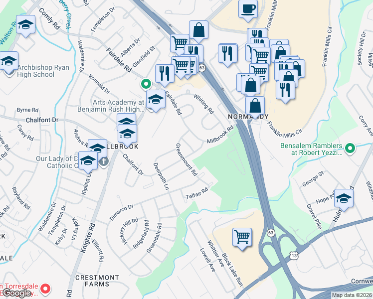 map of restaurants, bars, coffee shops, grocery stores, and more near 11802 Millbrook Road in Philadelphia
