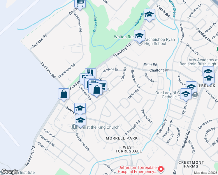 map of restaurants, bars, coffee shops, grocery stores, and more near 3541 Drumore Drive in Philadelphia
