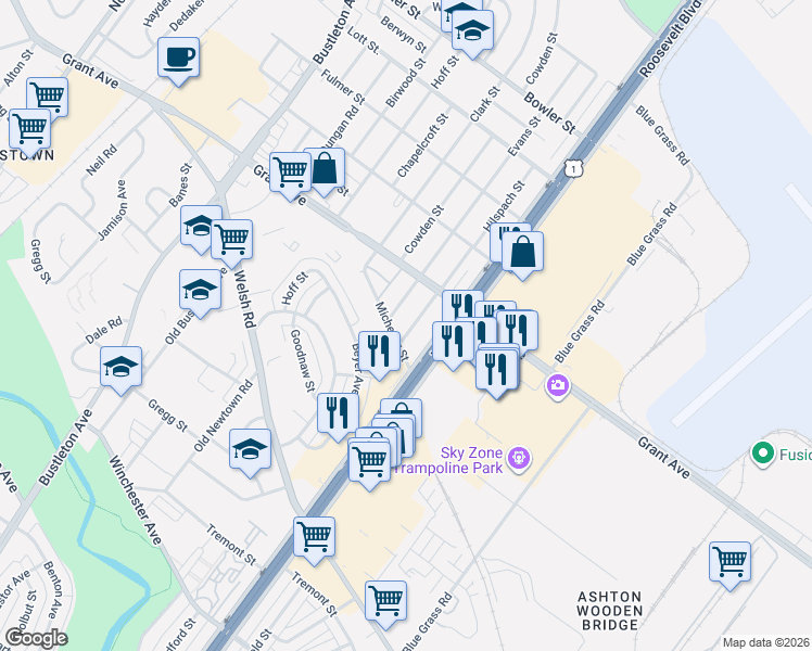 map of restaurants, bars, coffee shops, grocery stores, and more near 2210 Michener Street in Philadelphia