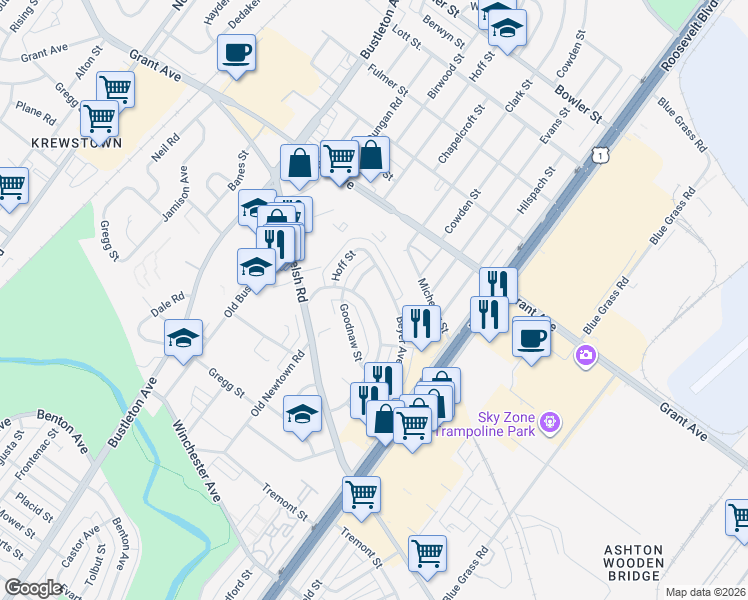 map of restaurants, bars, coffee shops, grocery stores, and more near 1918 Nester Street in Philadelphia