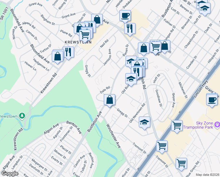 map of restaurants, bars, coffee shops, grocery stores, and more near 9126 Bustleton Avenue in Philadelphia