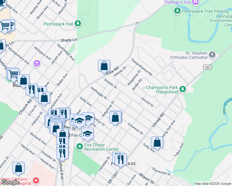 map of restaurants, bars, coffee shops, grocery stores, and more near 8323 Ridgeway Street in Philadelphia