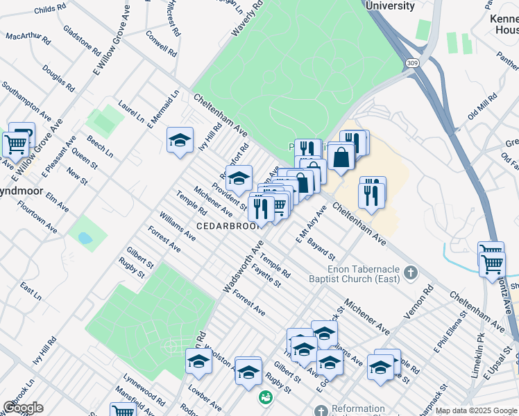 map of restaurants, bars, coffee shops, grocery stores, and more near 1524R Wadsworth Avenue in Philadelphia