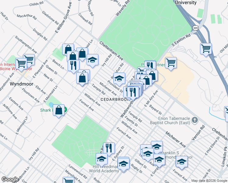 map of restaurants, bars, coffee shops, grocery stores, and more near 8535 Temple Road in Philadelphia