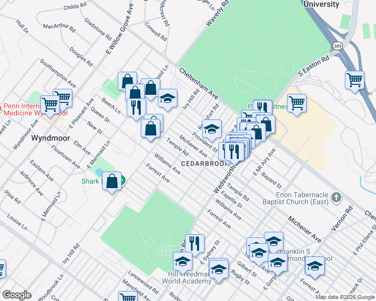 map of restaurants, bars, coffee shops, grocery stores, and more near 8535 Temple Road in Philadelphia