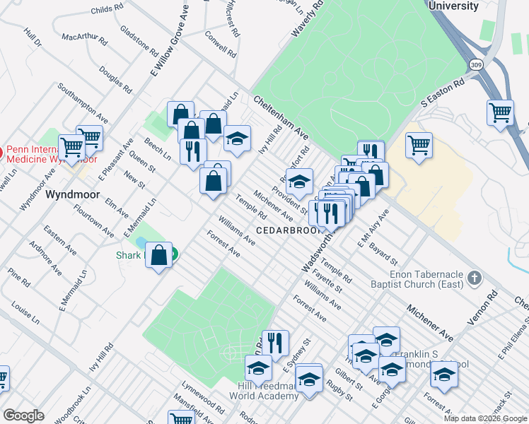 map of restaurants, bars, coffee shops, grocery stores, and more near 8535 Temple Road in Philadelphia
