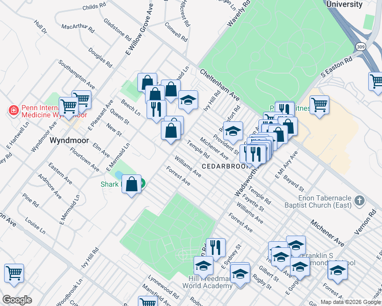 map of restaurants, bars, coffee shops, grocery stores, and more near 8601 Fayette Street in Philadelphia