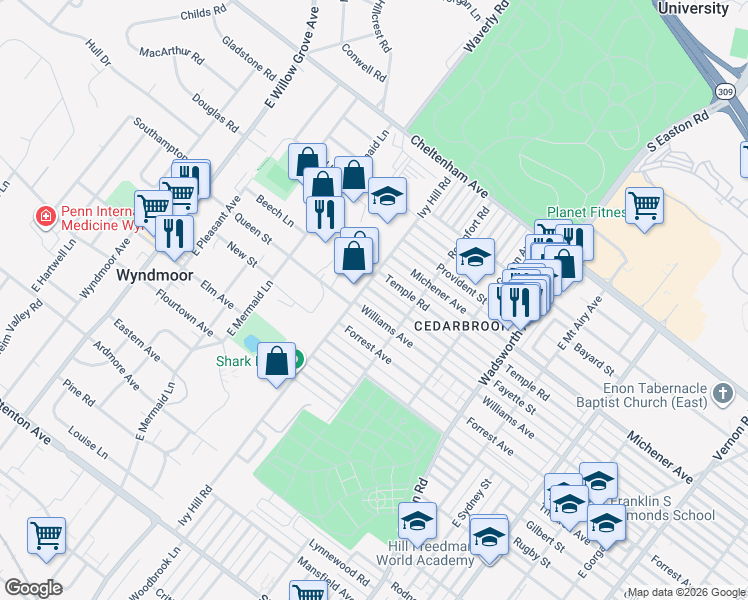 map of restaurants, bars, coffee shops, grocery stores, and more near 8637 Williams Avenue in Philadelphia