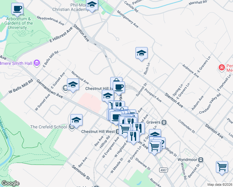 map of restaurants, bars, coffee shops, grocery stores, and more near 42 East Chestnut Hill Avenue in Philadelphia