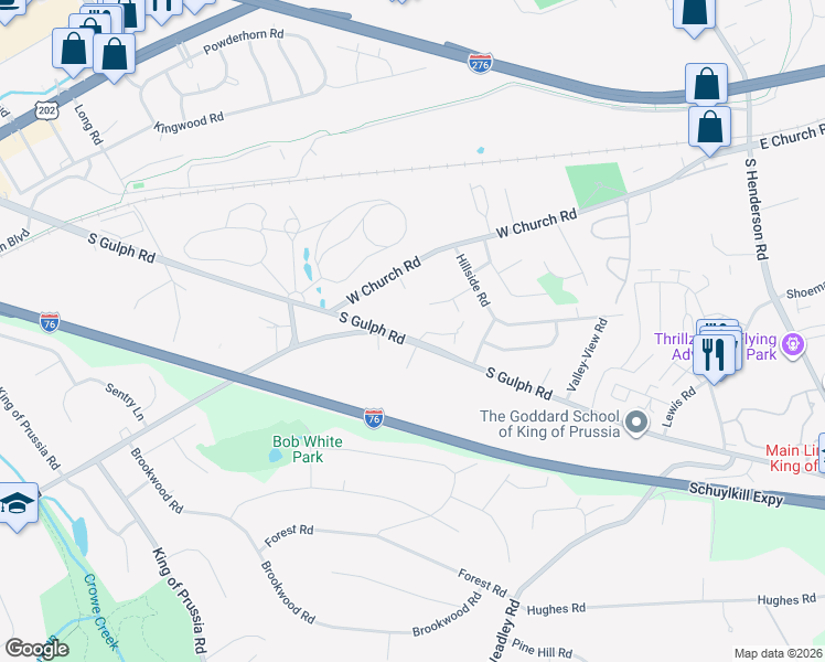 map of restaurants, bars, coffee shops, grocery stores, and more near in King of Prussia