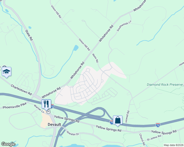 map of restaurants, bars, coffee shops, grocery stores, and more near 212 Milton Drive in Malvern