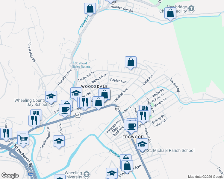 map of restaurants, bars, coffee shops, grocery stores, and more near 118 Pine Avenue in Wheeling