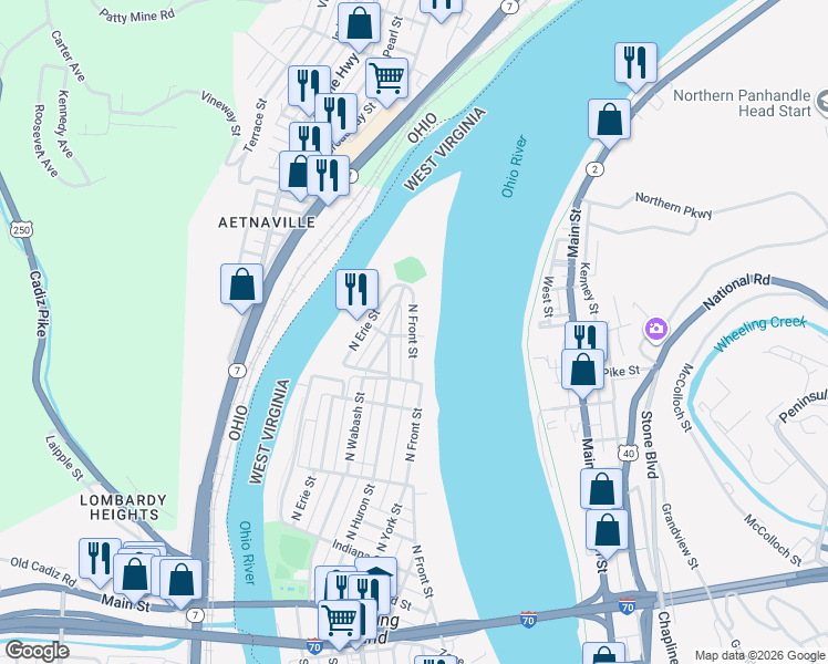 map of restaurants, bars, coffee shops, grocery stores, and more near 624 North Front Street in Wheeling