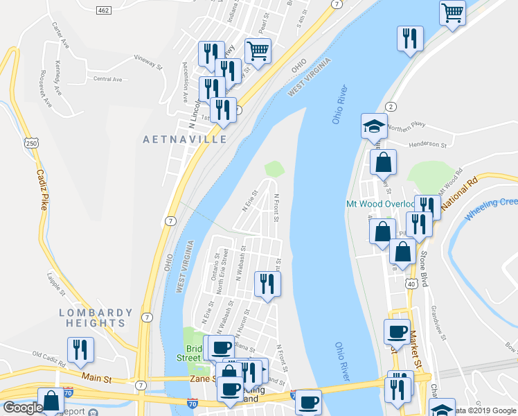 map of restaurants, bars, coffee shops, grocery stores, and more near 622 North Huron Street in Wheeling