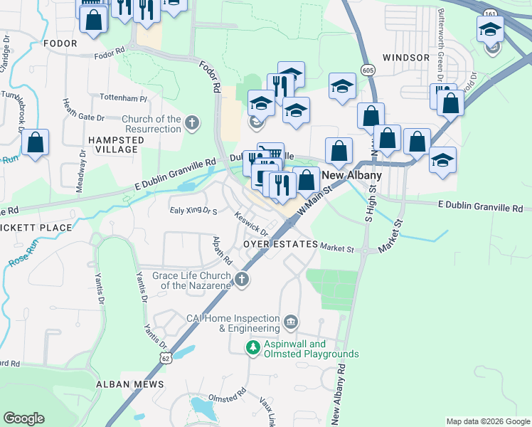 map of restaurants, bars, coffee shops, grocery stores, and more near 6125 Johnstown Road in New Albany